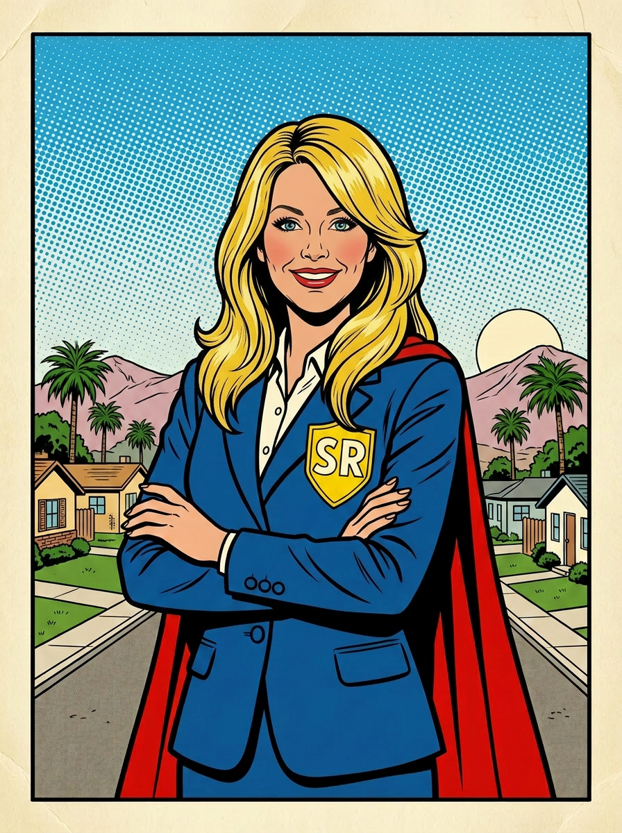 Portrait of Shelley Jackson in her royal-blue blazer and red cape, standing on a Las Vegas residential street.