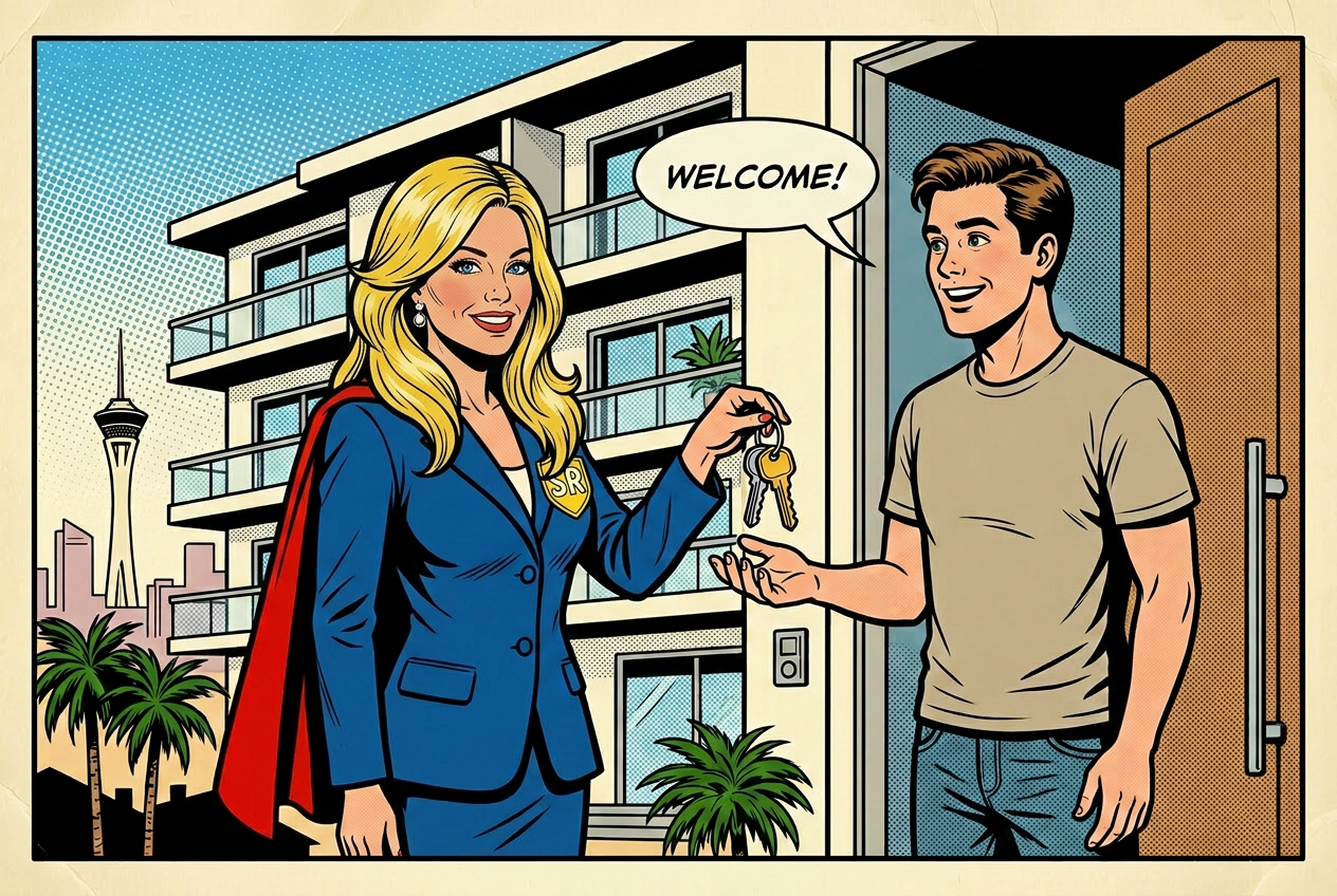 Shelley handing apartment keys to a smiling new renter.
